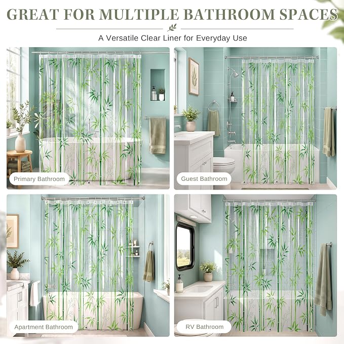 Clear Shower Curtain Liner, Green Botanical PEVA, 72x72 Inch | Nature Plant Waterproof Bath Plastic Shower Curtains Set with 3 Weighted Magnets and 12 Hooks for Bathroom Decor