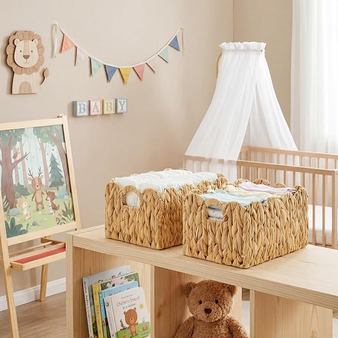 GRANNY SAYS Storage Baskets for Shelves, Wicker Basket with Scalloped Edge | Scalloped Water Hyacinth Basket, Storage Wicker Basket for Pantry, Water Hyacinth Baskets with Scalloped Edge, Woven Baskets