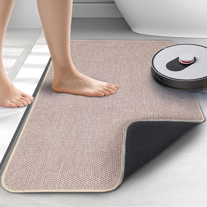 Upgraded Bath Mat 17x27Inch, Thin Bath Mats Rugs with Rubber Backing Non-Slip, Absorbent,Quick Dry Machine Washable, Home Decor Accessories Cozy Cloth Bathroom Rugs fit Under Door/Sink/Tub-Biege