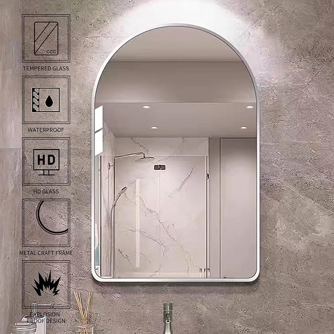 Arched Bathroom Mirror 20"x28", Silver, Tempered Glass | arch bathroom mirror silver wall mounted vanity tempered glass metal frame bedroom entryway living room