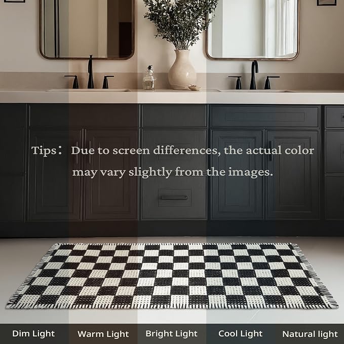 MatEssenz Modern Farmhouse Checkered Bath Mat 2x3 Ft, Waffle Bathroom Rug with Tassels, Non Slip Rubber Backed Bath Mat, Super Absorbent Machine Washable Bathroom Floor Rug