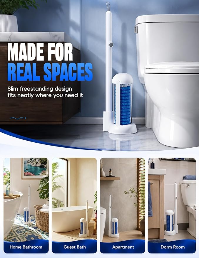 Toilet Brush Kit, Disposable Toilet Bowl Cleaner Brush with Blue Replacement Heads, Press-Button Wand and Self-Closing Freestanding Holder (Toilet Brush + 63 Refills)