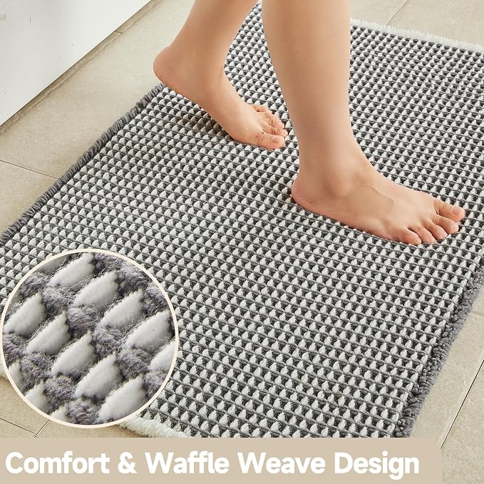 TYUU Waffle Bath Mat, Boho Bathroom Rugs Non Slip Washable Super Absorbent Quick Dry Bath Mat Farmhouse Bathroom Decor, 24"x16" Grey and White