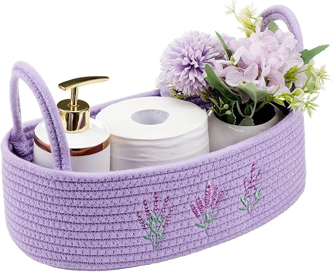 Vesici Purple Lavender Basket for Toilet Woven Cotton Rope Bathroom Decor | Lavender Bathroom Organizer, Boho Bathroom Countertop Decor, Nursery Toy Bin, 13x6x4 Inch, Embroidered Style
