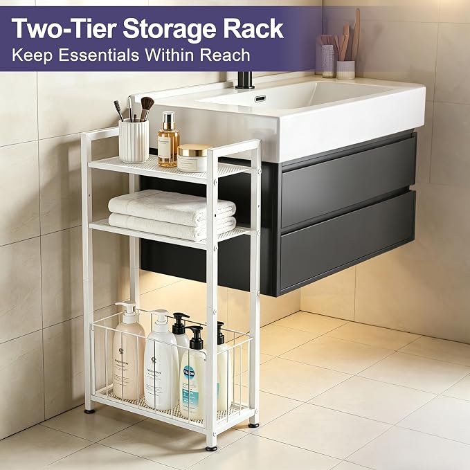 Freestanding Toilet Paper Holder with Storage for Small Bathrooms, White | Space-Saving Bathroom Organizer for Small Spaces, Toilet Roll Holder Stand Keeps Rolls Clean & Dry