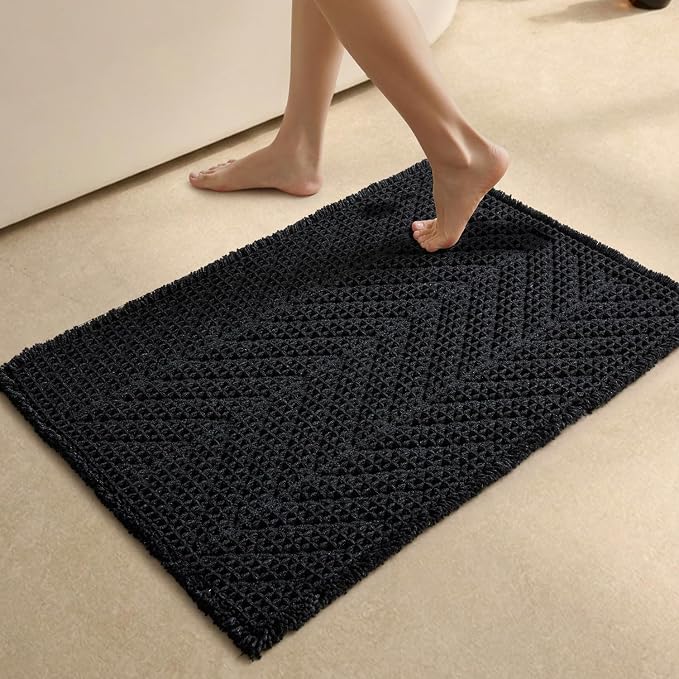 Sunfly Black Bathroom Rug, Waffle Bath Mat Non-Slip Washable Super Absorbent Quick Dry, Boho Farmhouse Bathroom Decor 24"x36" Black