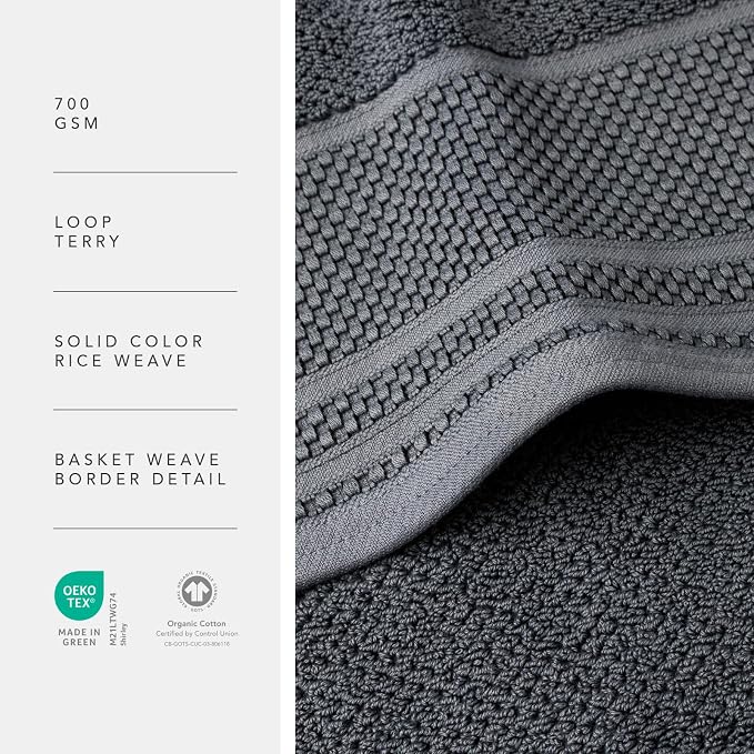 Texere 100% Organic Cotton Rice Weave Jacquard 700 GSM Luxury Bath Towel Sets - Ultra Soft and Absorbent Hotel and Spa Quality (Rice Weave, Charcoal, 2 Hand & 2 Face Towels)