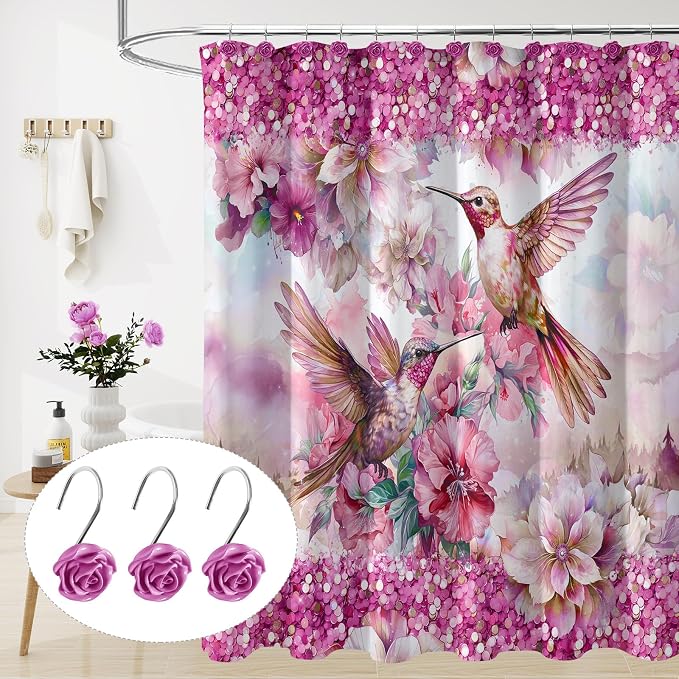 Cute Rose Floral Shower Curtain Hooks Rings for Bathroom,Burgundy 12PCS | Metal Rustproof Curtain Hooks Shower Rings,Girls Decorative Flower Bathroom Decor,for Bathroom Shower Rods