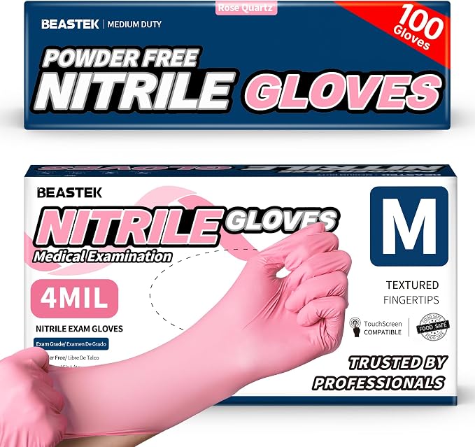 Medical Nitrile Exam Gloves Disposable Powder-Free, 4 Mil 100 Count | Super Soft •Powder-Free •Latex-Free •Examination •Cooking •Cleaning •Food Prep •Esthetician •100 Ct • Rose Quartz