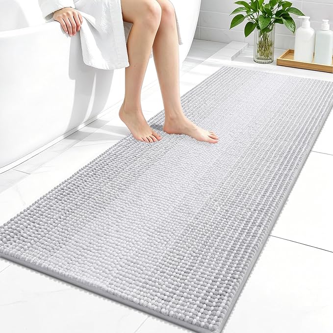 OLANLY Bathroom Runner Rugs 47x24, Chenille Striped Bath Rugs, Light Grey | Extra Soft Absorbent, Rubber Backing, Machine Wash Dry, Bath Mats for Bathroom Floor, Tub and Shower, Home Decor Accessories