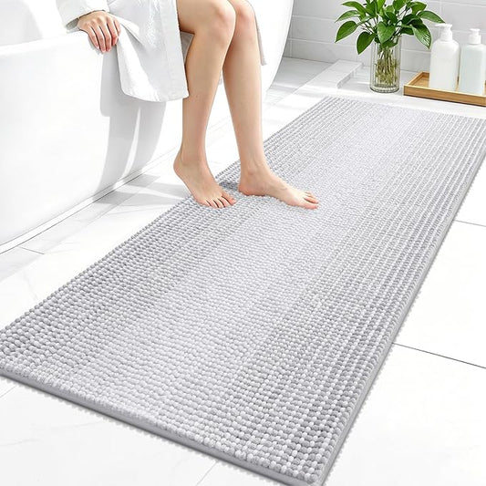 OLANLY Bathroom Runner Rugs 47x24, Chenille Striped Bath Rugs, Light Grey | Extra Soft Absorbent, Rubber Backing, Machine Wash Dry, Bath Mats for Bathroom Floor, Tub and Shower, Home Decor Accessories