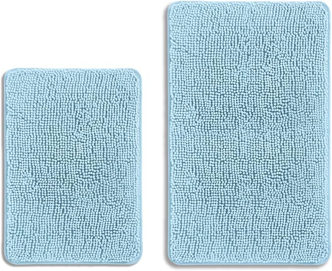 Light Blue Bathroom Rugs Sets 2 Piece – Absorbent and Washable Bath Mat, Non-Slip, Thick Soft Chenille Bath Rugs for Bathroom, Kitchen, Shower, Sink - 17" x 24"+20" x 32"