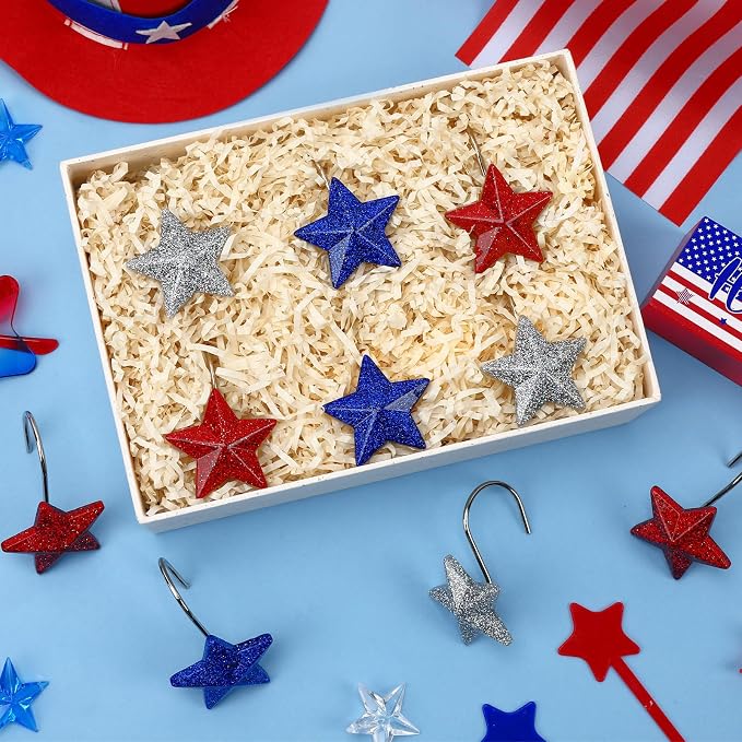 12 Pack Star Shower Curtain Hooks Patriotic Red White Blue Hangers | Resin and Rustproof Stainless Steel, Glide Smoothly Without Scratching Rods, Glitter Star Patriotic Festive Decor