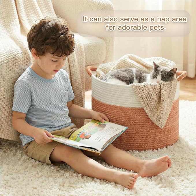 Artfeel 100L Large Cotton Rope Basket, Decorative Woven Blanket Storage for Living Room, Boho Toy Storage & Toy Box for Kids, Versatile Laundry Basket & Nursery Hamper for Blankets(Orange)