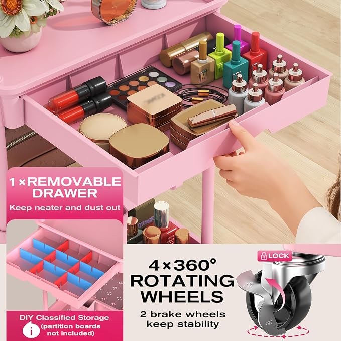 Goovilla Rolling Makeup Organizer Cart with Removable Drawer, 4 Tier Pink | Stable Floor Skincare Storage Cart for Vanity, Cosmetic Display, Nail Polish, Perfume, Hair Stuff, Beauty, Bathroom(Plastic)