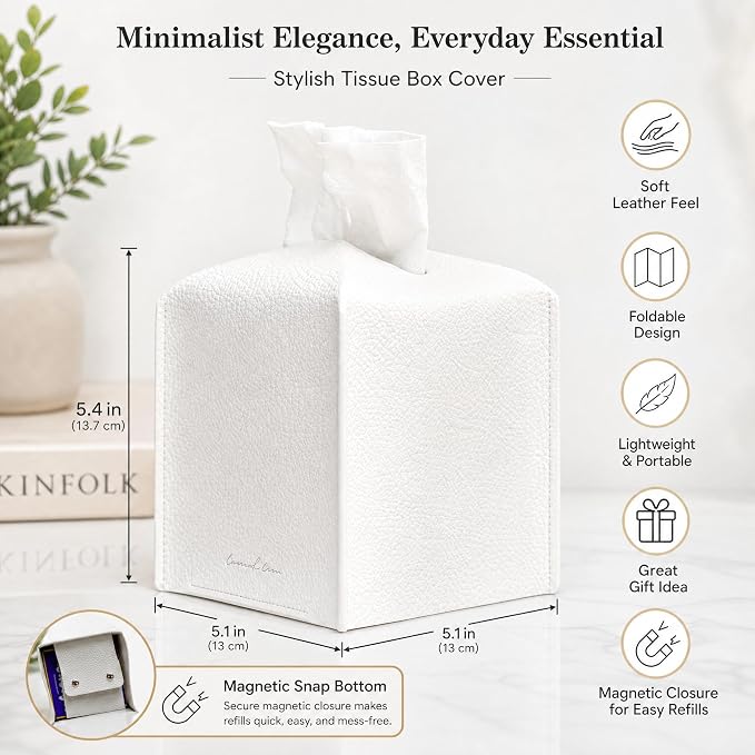 Premium PU Leather Square Tissue Box Holder - Hotel-Style Facial Tissue Box Cover for Bathroom, Bedroom, Office & Home Decor, Cube Tissues Organizer, Classic Look (White)