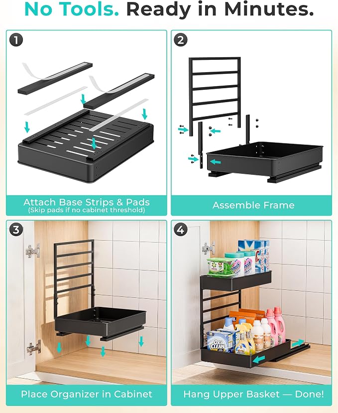 EVERIE Height Adjustable 2 Tier Metal Pull Out Slide Shelf Organizer for Under Sink Cabinets in Kitchen, Bathroom, with Snap-on Top Tray, 16" Deep (Black, 2 Sets) | Pull Out