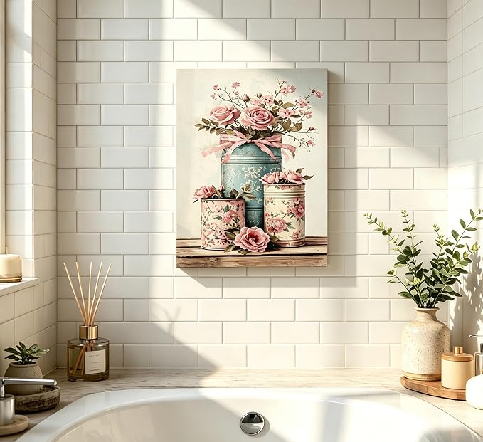 Vintage Pink Rose Flower Canvas Wall Art,Shabby Chic Canvas Print, Farmhouse Bathroom Wall Decor,Retro Blue Pink Flower Rustic Can Vase Painting,for Living Room Bedroom Home Office 16 X 24 In