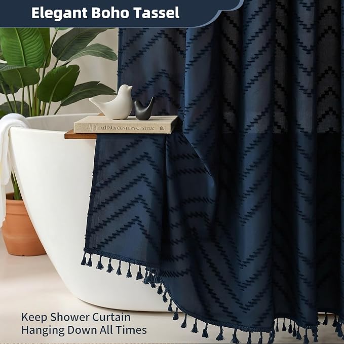 Siiluminisoy Navy Blue Shower Curtain Fabric Boho Shower Curtain Cloth Textured Tufted Chevron Elegant Shower Curtains Waterproof for Bathroom 72 x 72