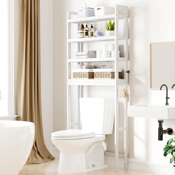 Smiry Bamboo Over The Toilet Storage Cabinet, 4 Tier, White | Wooden Bathroom Organizers with Adjustable Shelf & 4 Hooks, Space Saving Shelf Rack for Bathrooms, Laundry Room, Balcony
