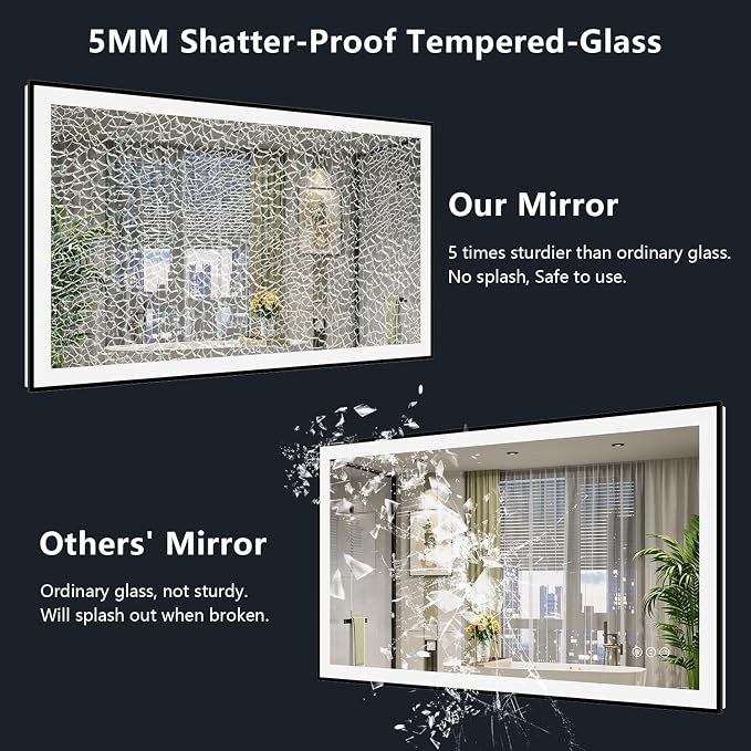 48x36 Inch LED Bathroom Mirror with Lights (Front Lit and Backlit) Black Framed Lighted Vanity Mirror for Bathroom Wall Dimmable Anti-Fog Memory Tempered Glass Horizontal/Vertical
