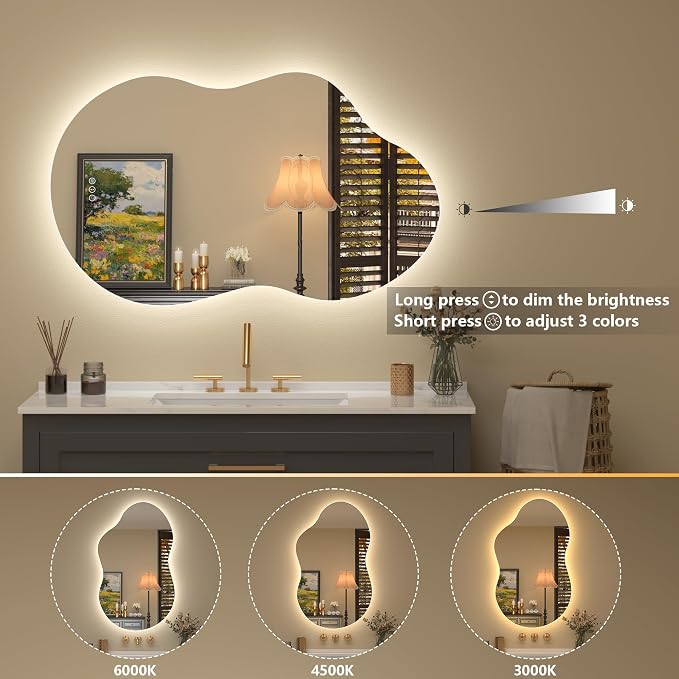 48x26 Inch Irregular LED Backlit Bathroom Mirror | Asymmetrical Lighted Vanity Mirror for Wall, Cloud Shape, Anit-Fog, Dimmable, Memory, Shatterproof (Horizontal/Vertical)