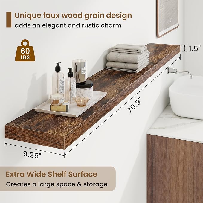 72in Floating Shelves for Wall,72"W x 9.25"D x 1.5"H, Rustic Brown | Long Wall Mounted Engineered Wood Shelves for Wall with Invisible Brackets for Living Room, Bedroom, Bathroom, Kitchen