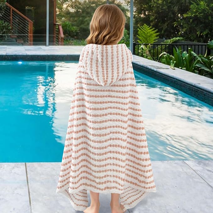 VOOVA & MOVAS Kids Hooded Bath Towel, 6-10 Years, 100% Cotton, White Brown | Lovely Dotted Plaid Design, Dense Thick Towel, Great Absorbency for All Water Scenes