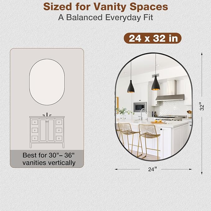 24"x32" Black Oval Bathroom Mirror for Over Sink, Vanity Wall Mirror | Tempered Glass, Clear Reflection, Rust-Resistant Aluminum Frame, Vertical or Horizontal Wall Mount, Bedroom and Entryway