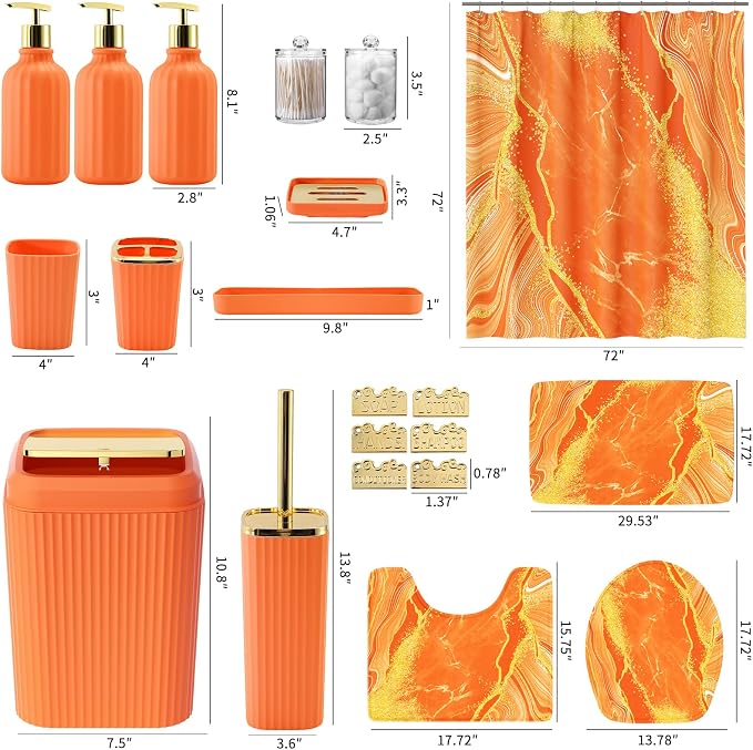 21PCS Bathroom Sets with Shower Curtain and Rugs Bathroom Accessories Set Orange Bathroom Set Complete with Trash Can, Toilet Brush, Qtip Holder & 3PCS Soap Dispenser