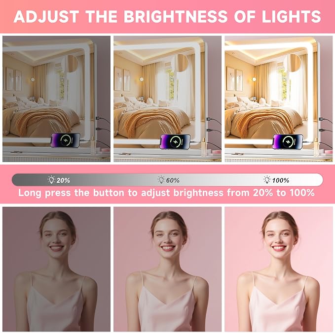 Vanity Mirror with Lights, 32" x 22" LED Makeup Mirror with 10X Magnification, Dimmable 3 Modes, Memory Function, Smart Touch, USB Charging Port, Lighted Makeup Mirror Round White