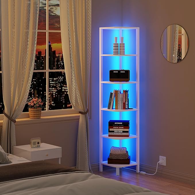 TUTOTAK Corner Shelf with LED Light, 6-Tier Corner Bookshelf | for Small Space, Narrow Display Corner Shelf Stand with Storage Rack, for Living Room, Bedroom, White BS08BW006L