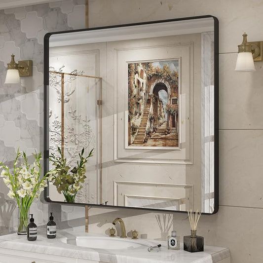 40x36 Inch Black Metal Framed Bathrrom Mirror for Wall | Matte Black Bathroom Vanity Mirror, Rounded Rectangle, Anti-Rust, Tempered Glass, Hangs Horizontally or Vertically