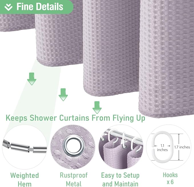 Stall Waffle Shower Curtain 256 GSM Heavy Fabric 36x72 Lavender | Narrow Half Size, Thick Polyester Cloth, Weighted Hem, Water Repellent, Washable, Hotel Bathroom Shower Curtain Set 6 Hooks