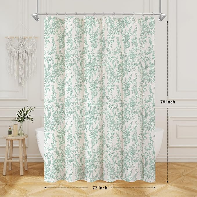 Teal Boho Linen Shower Curtain, Farmhouse Floral for Bathroom | Botanical floral print. Rustic farmhouse boho decor. Durable linen blend fabric. Machine washable for easy care. 72x78