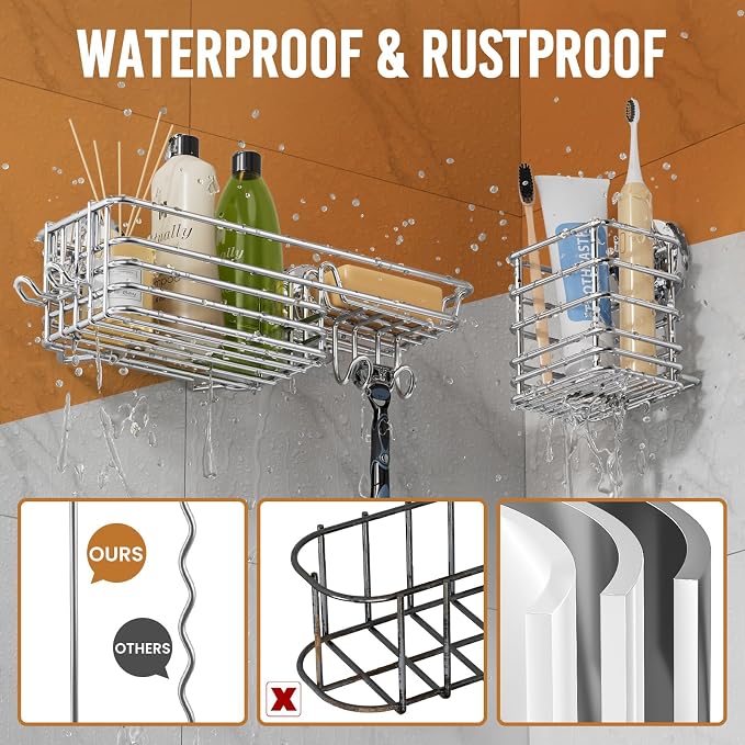 Shower Caddy Suction Cup, 3 Pack Bathroom Organizer with Hooks | Silver Bathroom Holder, Heavy Duty Shower Caddies, Soap Holder, Removable Shower Basket