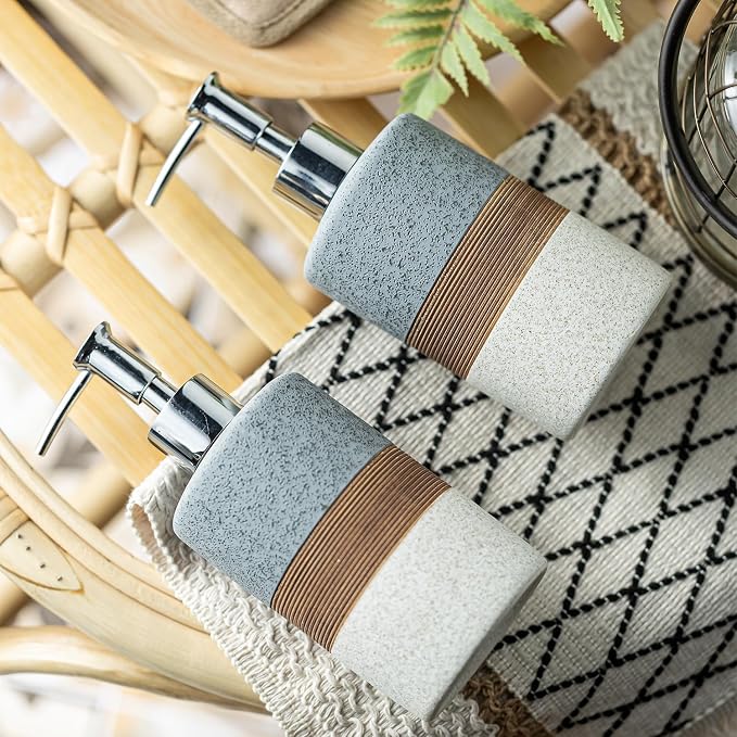 Ceramic Soap Dispenser Set of 2, Hand and Dish Soap Dispenser Set | Shower Shampoo Soap Dispenser for Bathroom, Kitchen | Stainless Steel Pump, Silicone Funnel and Diatomaceous Tray, 12 oz Gray