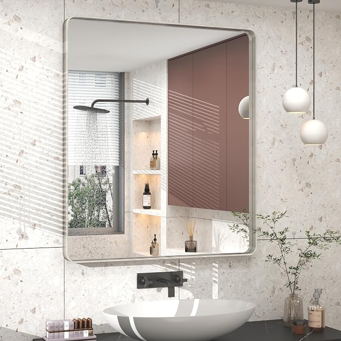 30x36 Inch Brushed Silver Bathroom Mirror for Wall | Silver Metal Framed Vanity Mirror, Rounded Rectangle, Brushed Nickel, Anti-Rust, Shatterproof (Horizontal/ Vertical)