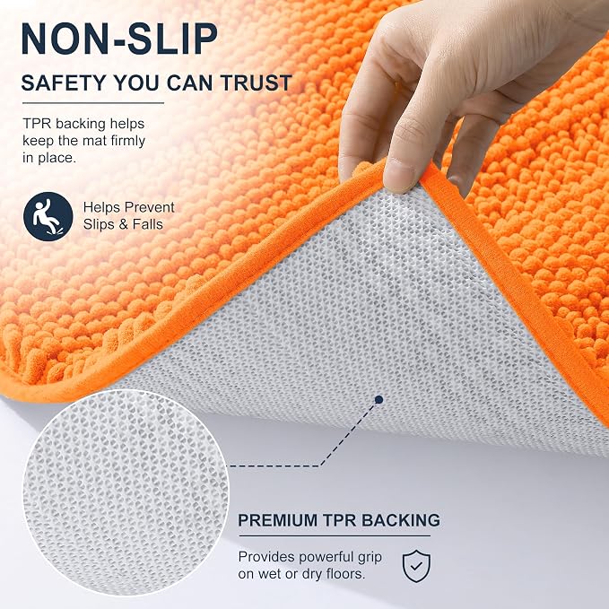 Smiry Thick Small Chenille Bathroom Rugs 24x16, Absorbent Bath Mat, Orange | Quick‑Dry & Machine Washable, Non‑Slip Bath Carpet, Soft Striped Bath Rugs for Tub & Shower, Modern Home Decor Accessories