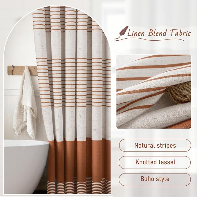 Fall Orange Boho Linen Striped Shower Curtain with Tassel 72"W X 72"L | Boho Farmhouse Shower Curtains with Linen Texture for Bathroom Decor