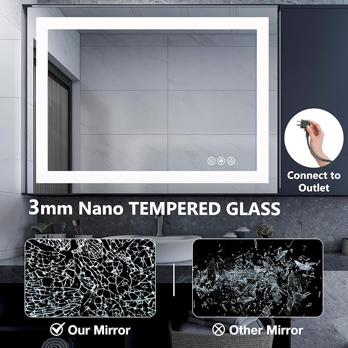 NEWBULIG 28"x36" Smart Anti-Fog LED Bathroom Mirror with Front Light & Backlit, 3 Color Modes, Dimmable, Memory Function, Wall-Mounted Modern Rectangular Vanity Mirror, White