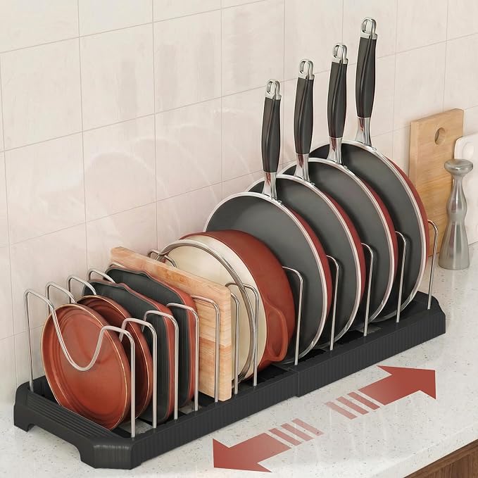 Expandable Pan Organizers Inside Cabinet with 12 Dividers Black | Extends 12.9-21.9", Holds cookie sheets, cutting boards, pot lids and pans, iron dividers, plastic base, under cabinet rack