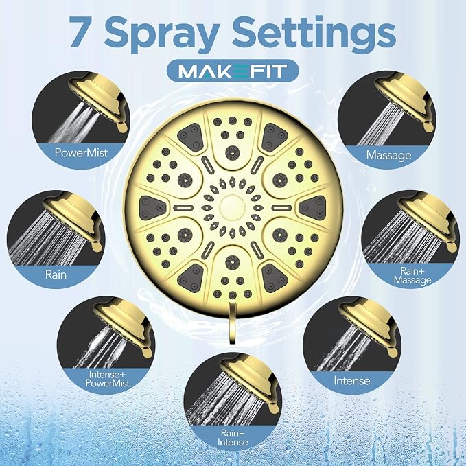 MakeFit Filtered Shower Head - High Pressure Rain - Shower Head with filter for Hard Water - Luxury 7 Settings Adjustable Water Filter Showerhead (Gold)