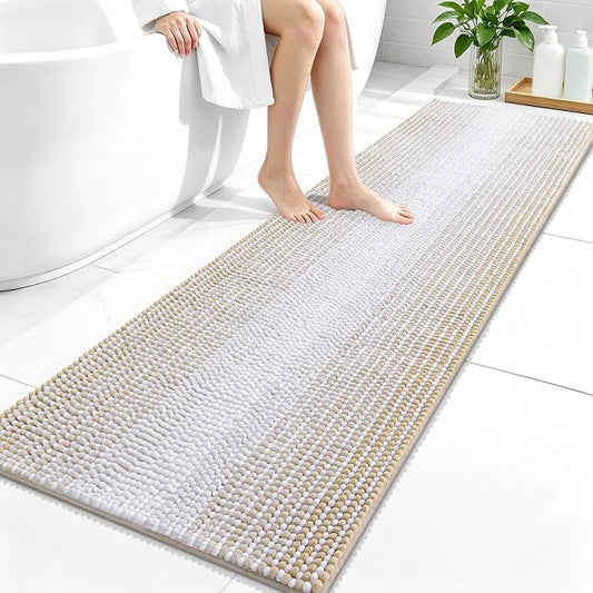 OLANLY Bathroom Runner Rugs 59x20, Soft Chenille Striped Bath Rugs, Beige | Extra Absorbent, Rubber Backing, Machine Wash Dry, Bath Mats for Bathroom Floor, Tub and Shower, Home Decor Accessories