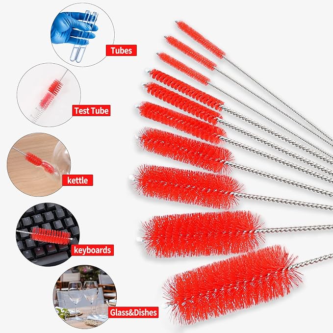 CiaraQ Bottle Cleaning Brushes, 8 Inch Nylon Tube Brush Set | Red Cleaner for Narrow Neck Bottles Cups with Hook, Set of 10pcs.