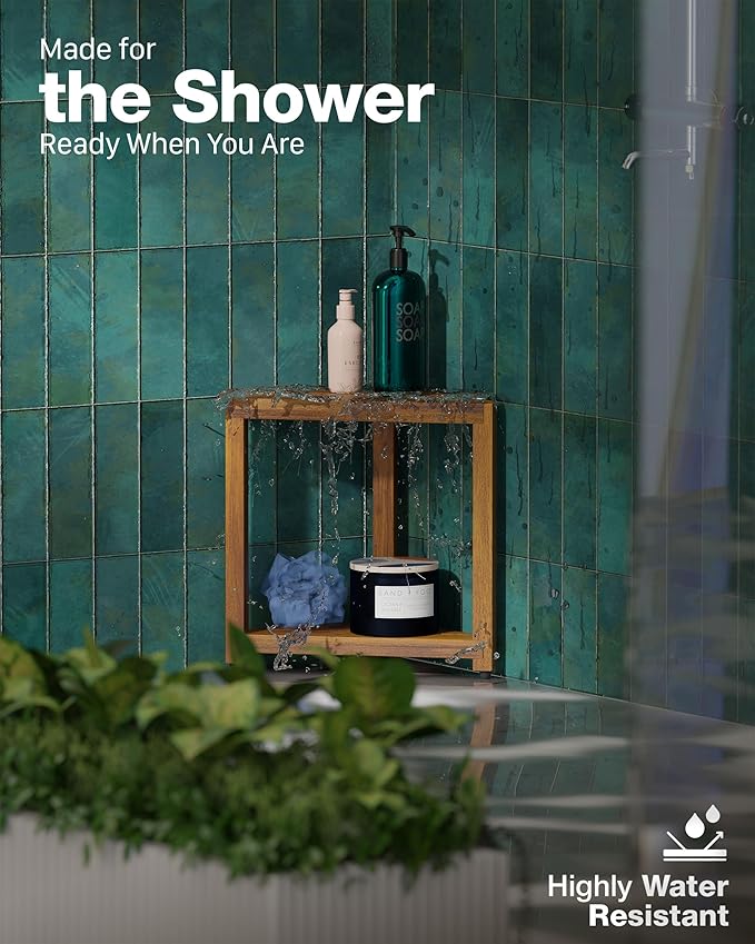 Bluewest 16.5 Inch Corner Shower Stool for Shaving Legs with Storage Shelf | Acacia Wood Waterproof Shower Foot Rest and Wooden Corner Bench for Shaving Legs and Seating Inside Small Shower Spaces.
