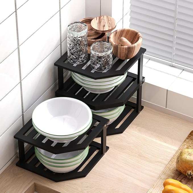 VERTORGAN 2 Tier Bamboo Corner Shelf 3 Pack Plate Organizer Kitchen(Black) | Pantry Storage,Dish Rack,Spice Rack,Corner Organizer,Kitchen Counter Shelves,Kitchen Storage,Holds Plates