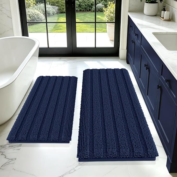 Striped Navy Blue Bathroom Rug Mat Set 2 piece 24"x17"+48"x20" Ultra Soft, Non Slip Chenille Bath Rugs, Absorbent Plush Shaggy Bath Mats for Bathroom, Bedroom, Kitchen, Shower, Tub