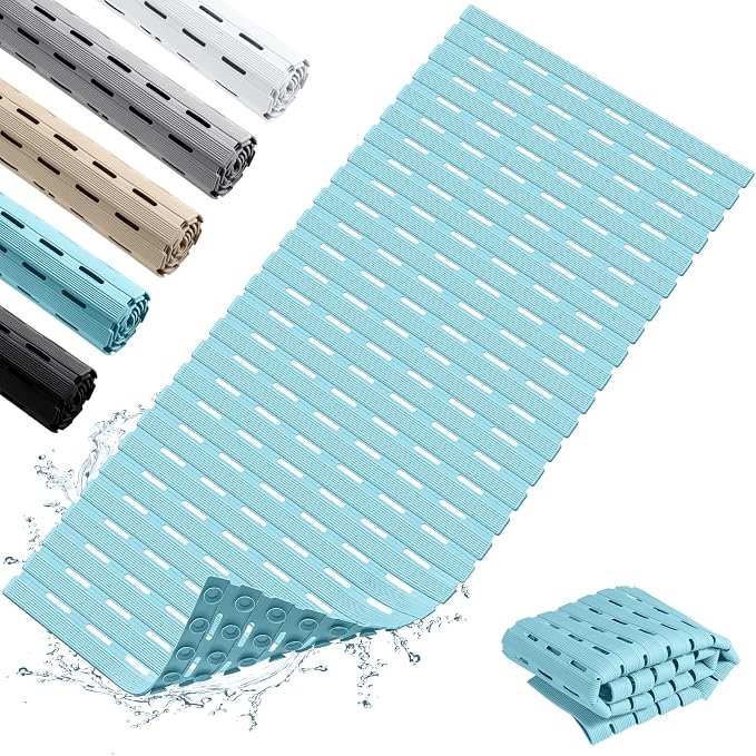 OTHWAY Shower Mat Non Slip, 36.6" x 16.9" Non Slip Soft Bath Mat for Tub, Shower Anti Slip Mat with Suction Cups, Easy to Cut Shower Floor Mat, Machine Washable Bathtub Mat, Light Blue