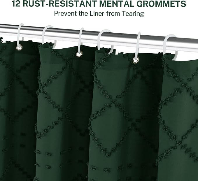Siiluminisoy Extra Long Dark Green Boho Woven Fabric Cute 84 Inch Shower Curtain, 72 x 84 Tufted Chevron Textured Striped Modern Farmhouse Minimalist Cloth Shower Curtain for Bathroom